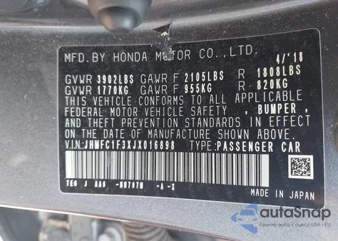 2018 Honda Civic Ex-T from USA, damaged, VIN JHMFC1F3XJX016898